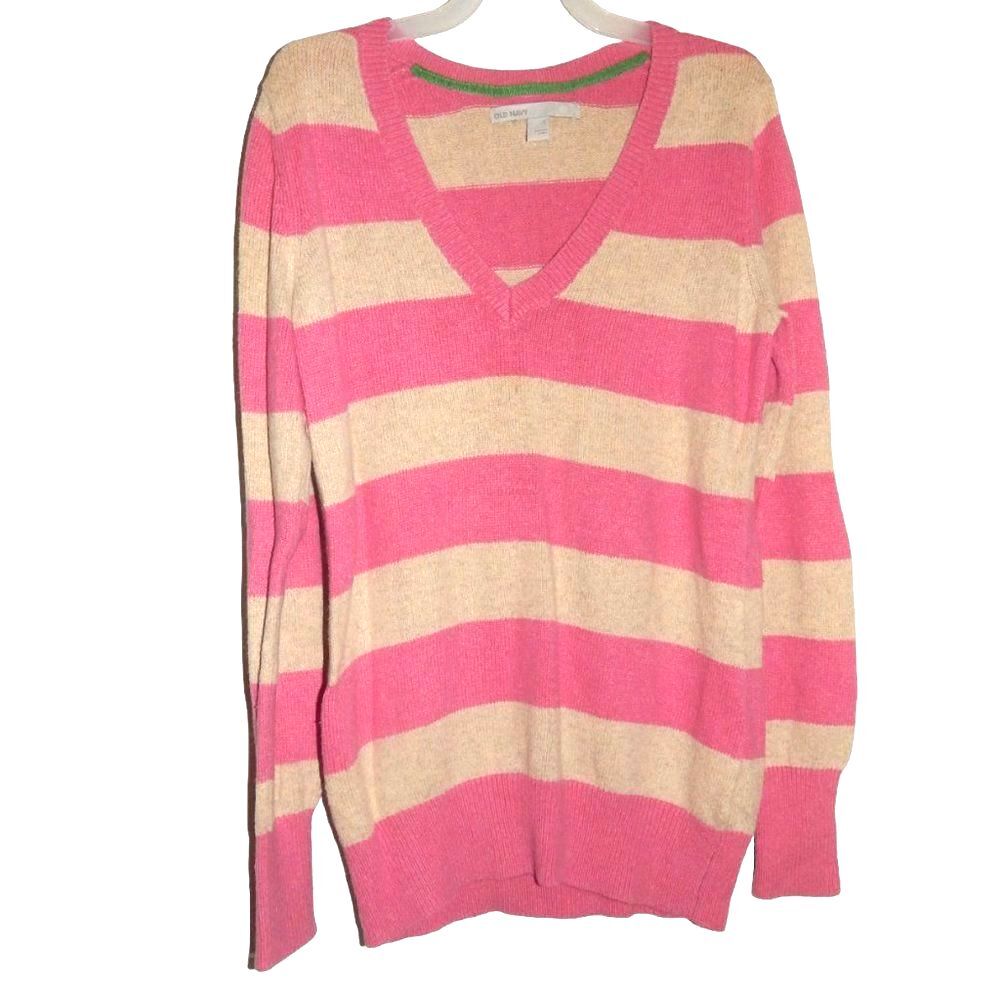 Old Navy women’s small pink tan cream striped v‑neck sweater